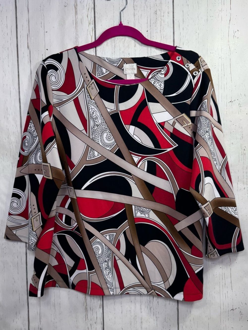 Chicos Abstract Print Tunic Top Red Black Tan Geometric Stretch Size L Relaxed
